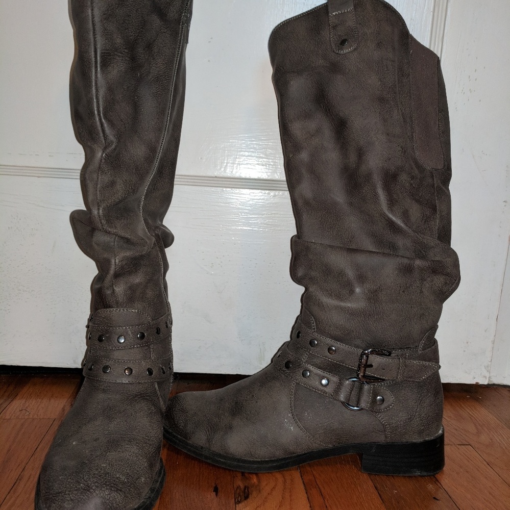 Stone gray faux leather boots